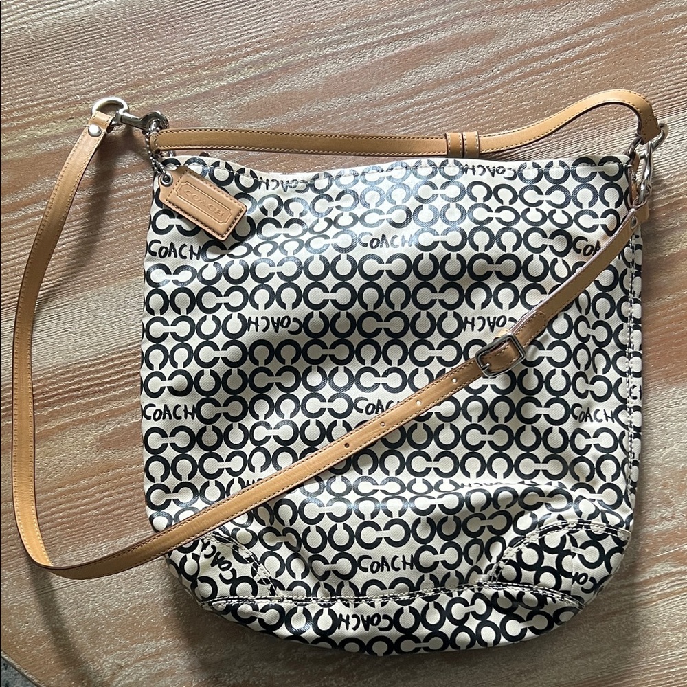 Coach Black & Cream Signature Canvas Crossbody with Tan Trim